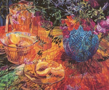 フォトリアリズム静物画 Painting - カットピーチブルーの花瓶 1993 JF リアリズム静物画